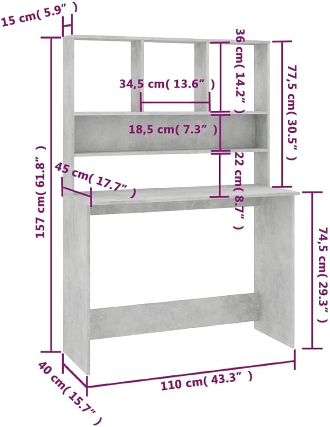 Modern Computer Desk Writing Study Table with Upper Cabinet, Home Office Student Table Laptop PC Writing Desk Home Office Writing Desk, Concrete Gray 43.3"x17.7"x61.8"