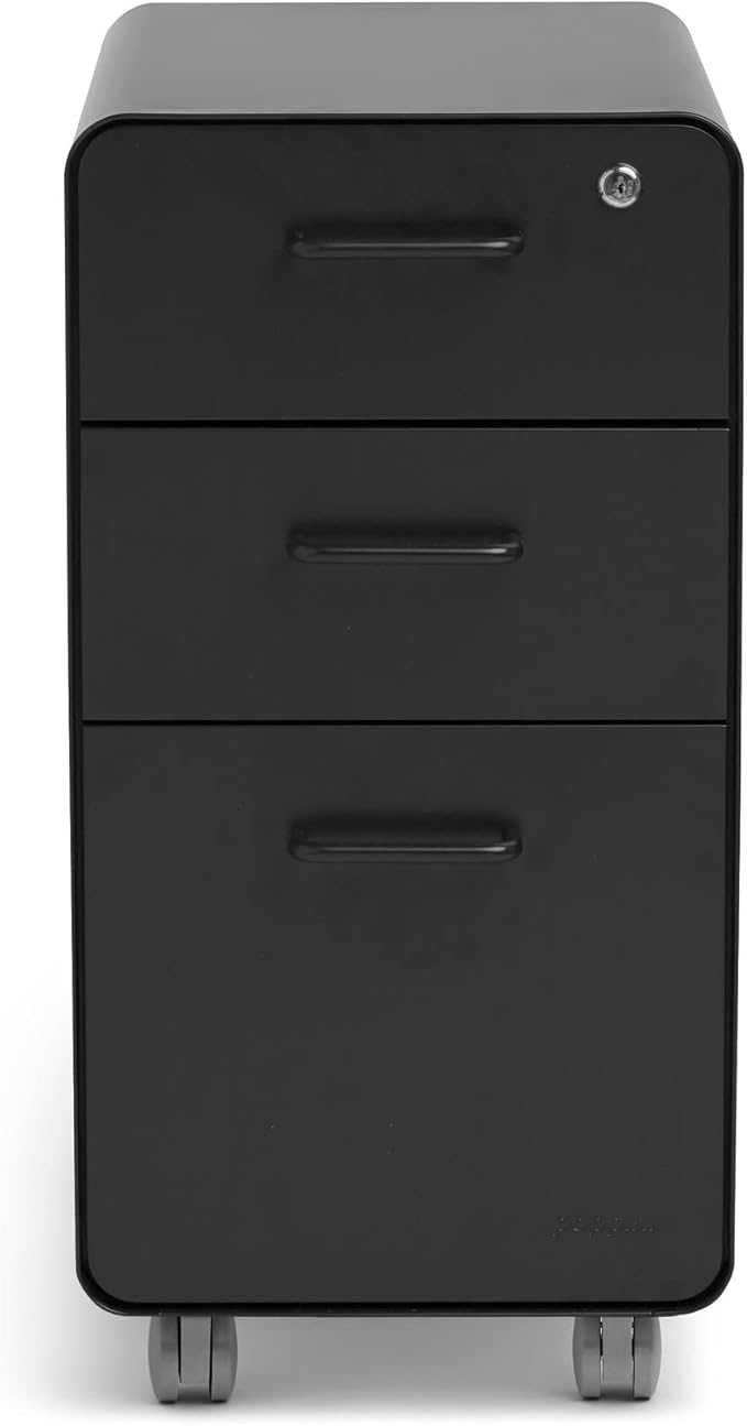 Poppin Black Slim Stow 3-Drawer Rolling File Cabinet, One Lock Secures All Drawers, Durable Powder-Coated Steel Construction, Stay Organized and Keep Documents Safe, 12.5" x 20" x 25"