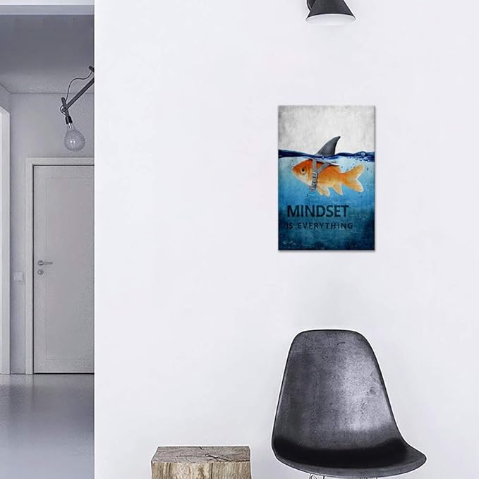 Goldfish Shark Canvas Wall Art Inspirational Entrepreneur Quotes Poster Mindset is Everything Motivational Painting Picture Print Artwork for Living room Bedroom Office Home Decor Framed (12" Wx16 H)