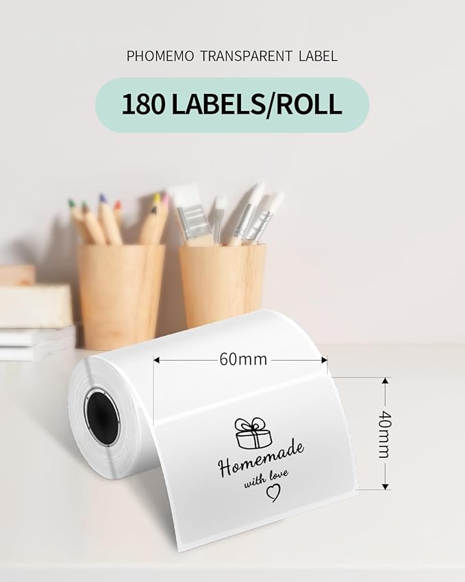 Phomemo M220 Label Maker White & 1 Roll Transparent Thermal Label 2.36" x 1.57"(60x40mm), Upgrade 3 Inch Barcode Portable Printer, for Office & Small Business, Compatible with Phones&PC