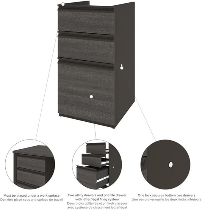 Bestar Prestige Plus 3 Drawer Add On File Cabinet in Bark Gray and Slate