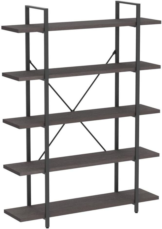 HSH 5 Shelf Bookcases and Book Shelves,Industrial Modern 5 Tier Tall Bookshelf, Rustic Wood and Metal Large Book Shelf for Bedroom Living Room,Vintage Open Wide Vertical Etagere Book Case, Dark Gray