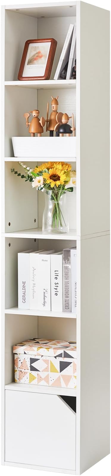 IBUYKE 6 Tier Narrow Bookcase with Doors, Cube CD DVD Storage Cabinet,Slim Media Tower Rack,Cabinet,White Bookcase Display Storage Shelves for Small Spaces,for Home Office White UWBC001W
