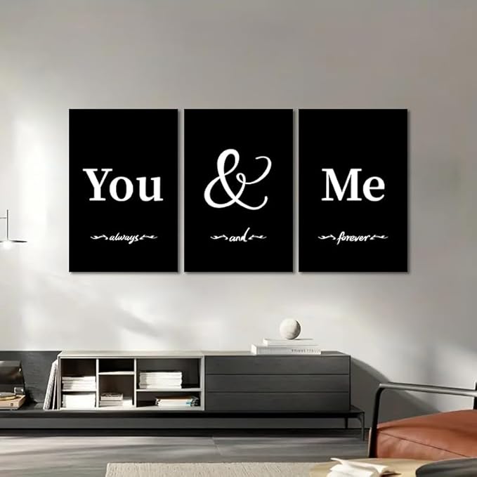 Set of 3 Large Wall Art for Bedroom, Black White You and Me Canvas Wall Decor Love Style Picture Simple Words Poster Modern Painting Artwork Framed Print for Living Room Home, 24" x 36" x 3Pcs
