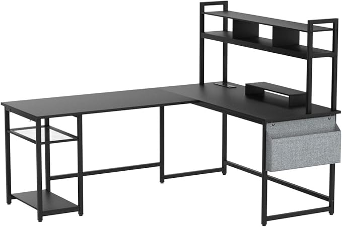 Aheaplus L Shaped Desk with Power Outlet & LED Strip, Reversible L-Shaped Corner Computer Desks Gaming Desk with Storage Shelf & Monitor Stand, Modern 2 Person Home Office Desk, Writing Desk, Black