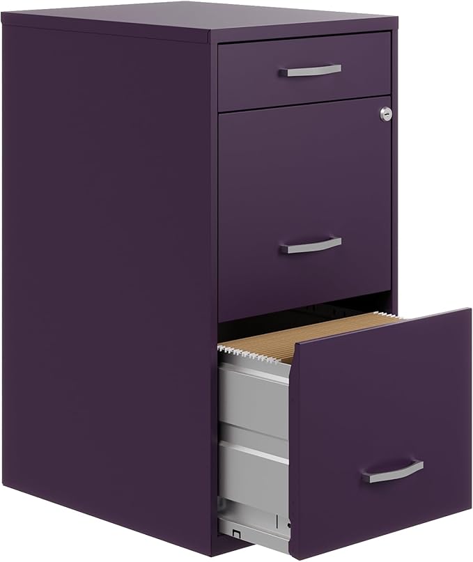 Hirsh Space Solutions 18" Deep Modern Metal Organizer File Cabinet with Cam Lock, 3-Drawer, Letter-Size, for Small Home/Home Office in Midnight Purple