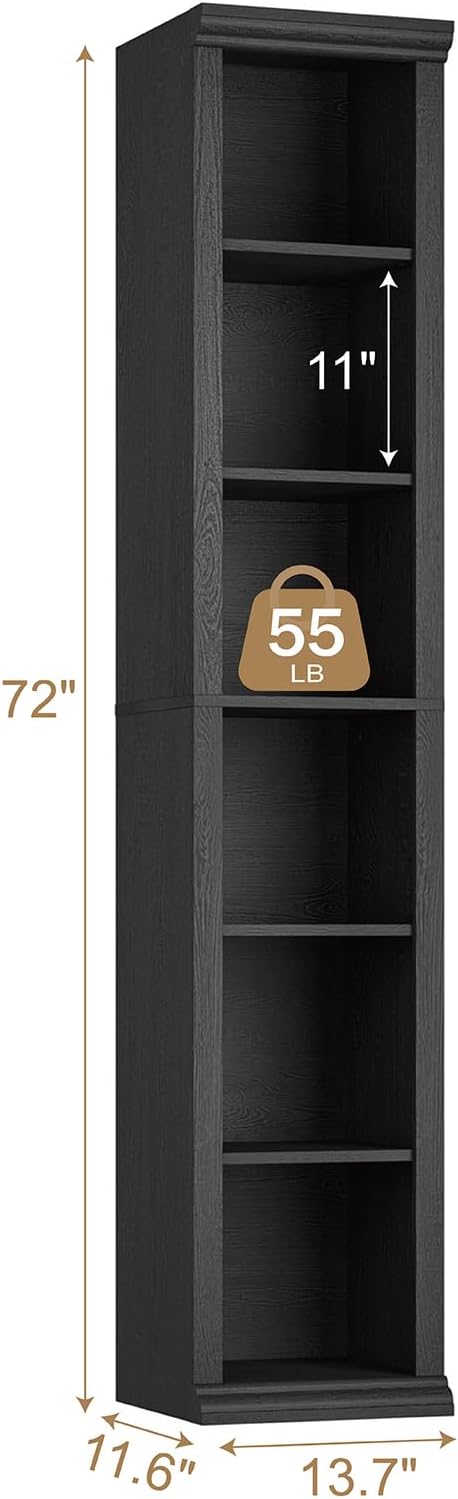 Rresyet Tall Narrow Bookcase, 6-Tier Bookshelf, Modern Open Display Storage Shelf for Living Room, Home Office, Bedroom, Black