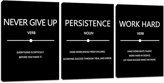 Yetaryy Motivational Quotes Canvas Wall Art - Persistence & Work Hard Themes, 3 Pieces, Black, 20"x28", Office, Gym, Living Room, Bedroom Decor