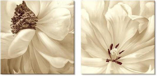 SEVEN WALL ARTS Flower Canvas Wall Art 2 Pieces Neutral Beige Floral Pictures Elegant Blossom Flowers Poster Print for Living Room Bedroom Office Boho Decor 24"x24"