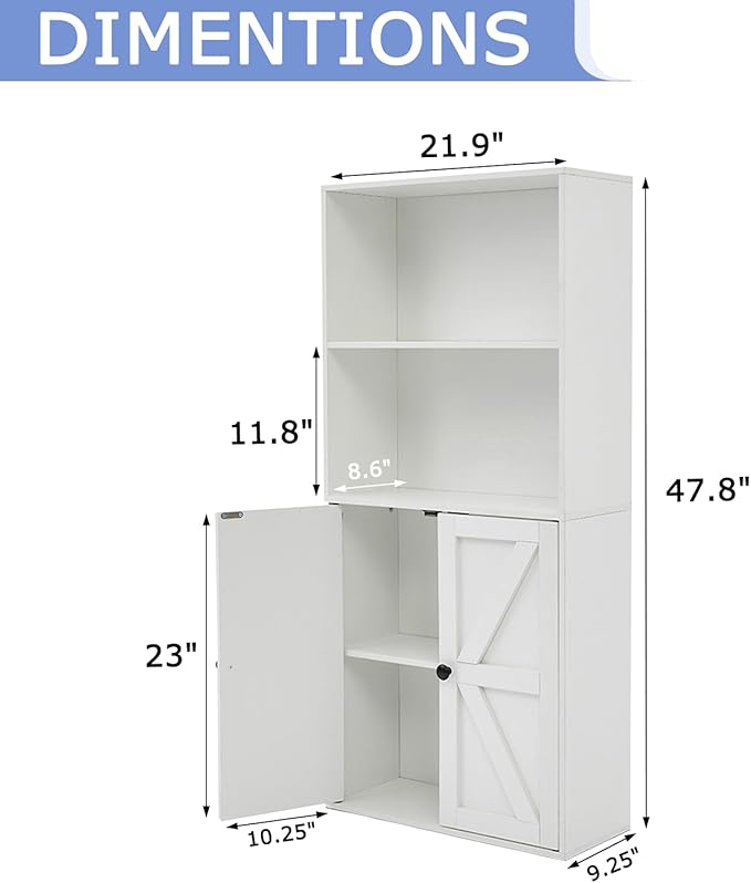 Bookshelves and Bookcases with Barn Doors, Farmhouse Bookshelf with Display Shelves, Floor Standing 4-Tier Book Shelf with Storage Cabinet for Home Office, Living Room, Bedroom, White