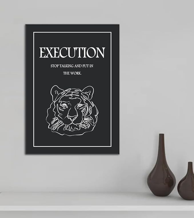 Inspirational Execution Wall Art - Tiger Head with Motivational Quote Canvas Print, Black and White Office Wall Decor, STOP TALKING AND PUT IN THE WORK Poster for Home Workspace, Framed 12"x16"