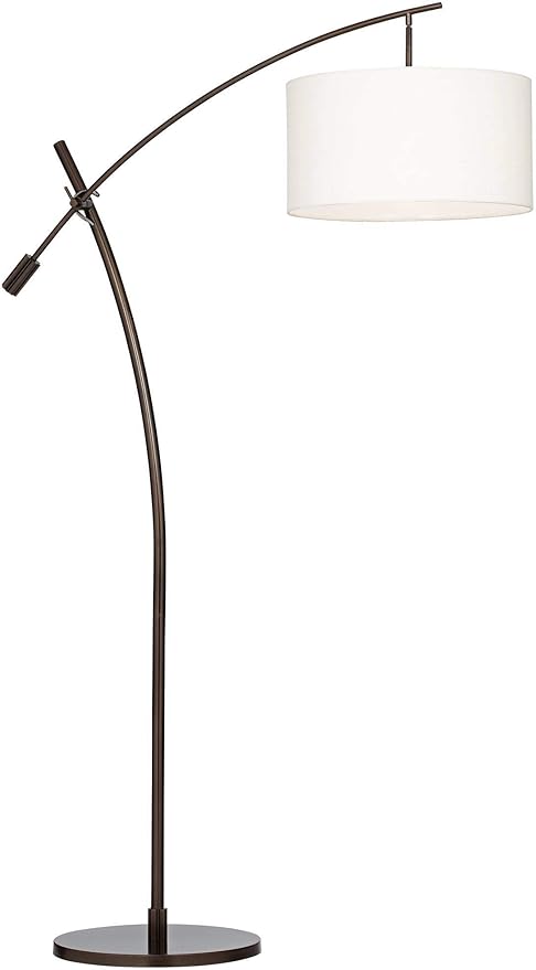 Possini Euro Design Raymond Modern Arched Floor Lamp Standing 69" Tall Bronze Brown Metal Slim Profile Off-White Linen Drum Shade Adjustable Boom Arm for Living Room Reading House Family Bedroom