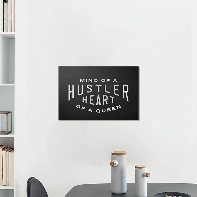 Mind Of A Hustler Heart Of A Queen - Inspirational Contemporary Entrepreneur Quotes Canvas Wall Art Black and White Motivational Framed Artwork HD Print Easy to Hang-16 Wx12 H
