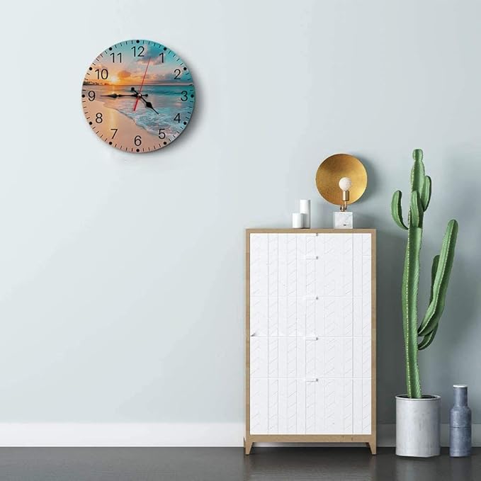 Britimes Round Wall Clock Non-Ticking Silent Battery Operated Clock 12 Inch, Sea Beach Blue Sky Sand Home Decor for Living Room, Kitchen, Bedroom, and Office