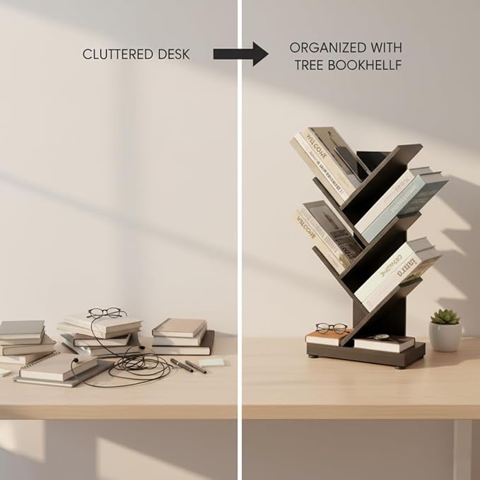 ruboka 5-Shelf Tree Bookshelf, 5 Tier Floor Standing Bookcase for CDs/Magazine/Books, Small Book Organizer for Bedroom, Living Room, Office,Balcony,Retro Storage Shelve