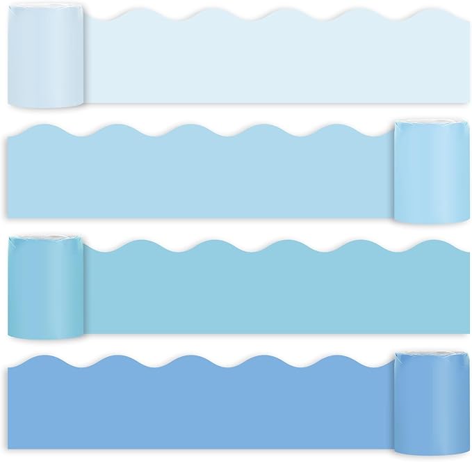 Whaline 65.6ft Summer Baby Blue Bulletin Board Borders 4 Rolls Gradient Blue Die-Cut Board Trim for Classroom Office Chalkboard