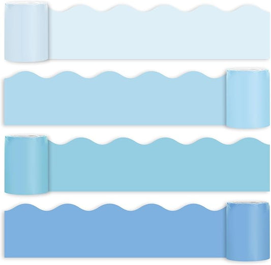 Whaline 65.6ft Summer Baby Blue Bulletin Board Borders 4 Rolls Gradient Blue Die-Cut Board Trim for Classroom Office Chalkboard