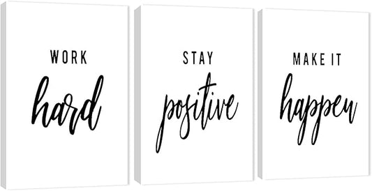3 Piece Inspirational Wall Art, White Motivational Mindset Picture, Quote "Work Stay Make It" Canvas Print for Office Decor, Triptych Entrepreneur Poster Framed Artwork for Gym Wall Decor (36"Wx24" H)