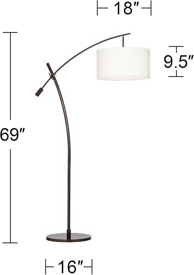 Possini Euro Design Raymond Modern Arched Floor Lamp Standing 69" Tall Bronze Brown Metal Slim Profile Off-White Linen Drum Shade Adjustable Boom Arm for Living Room Reading House Family Bedroom