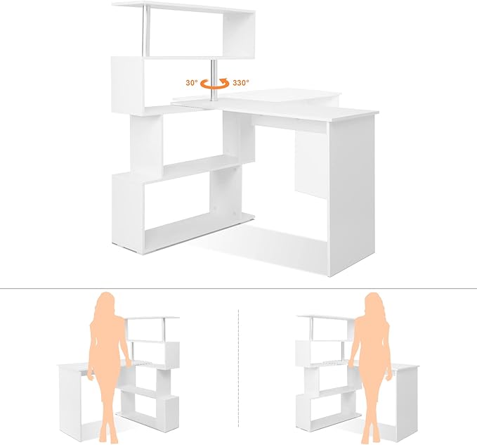 41.7" L Shaped Desk with 4-Tier Storage Shelves, Computer Corner Desk for Study Home Office Living Room (White)
