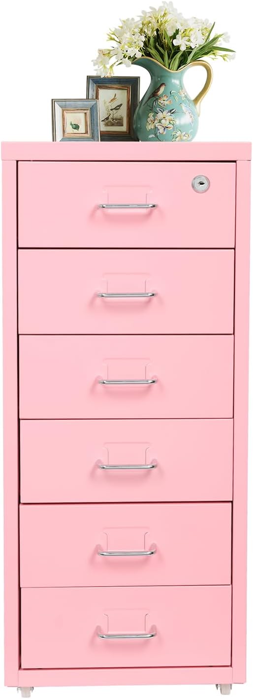 Vertical File Cabinets, 6 Tier Metal File Cabinet with Lock, Multi Drawer Cabinet for Home Office, Assembly Required (Pink)