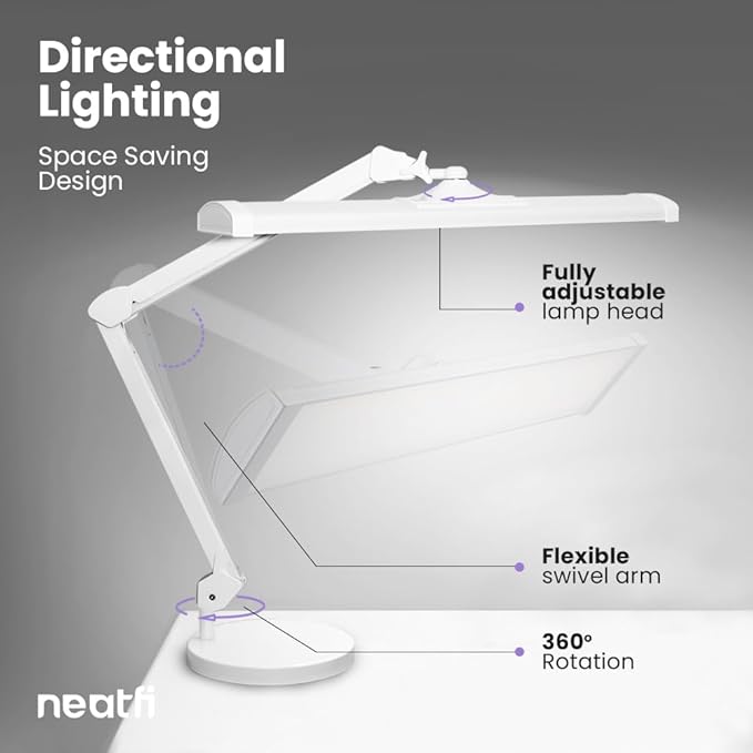 Neatfi Ultra 3,500 Lumens LED Desk Lamp – 45W, 26” Wide Metal Shade, 270 SMD LEDs, Shadow-Free | Adjustable Brightness | Non-Flickering Task Light for Nail, Craft & Office (Non-CCT with Base, White)