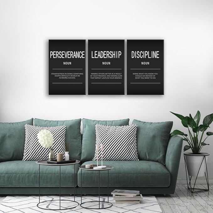 Office Wall Decor Motivational Canvas Painting Wall Art Inspiring Quote Wall Art 3 Pieces Positive Perseverance Leadership Noun Poster Inspirational Prints Artwork Living Room Gym Framed[48" W X 24"