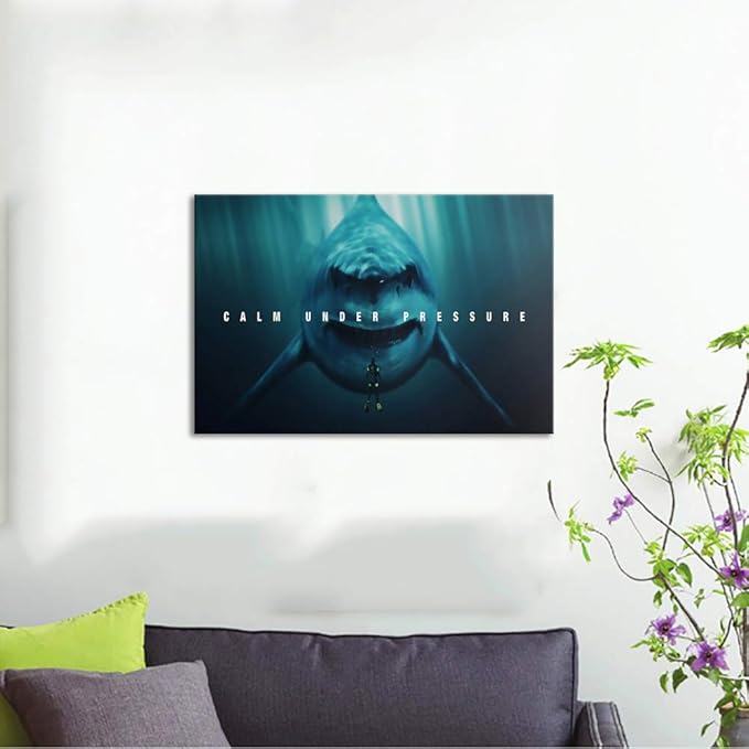 Office Wall Art Calm Under Pressure Shark Life Motivational Photo Hanging Poster Canvas Print Oil Painting Artwork Gallery Wrap Inspirational Home Living Decor With Framed for hang -16''W x 12''H