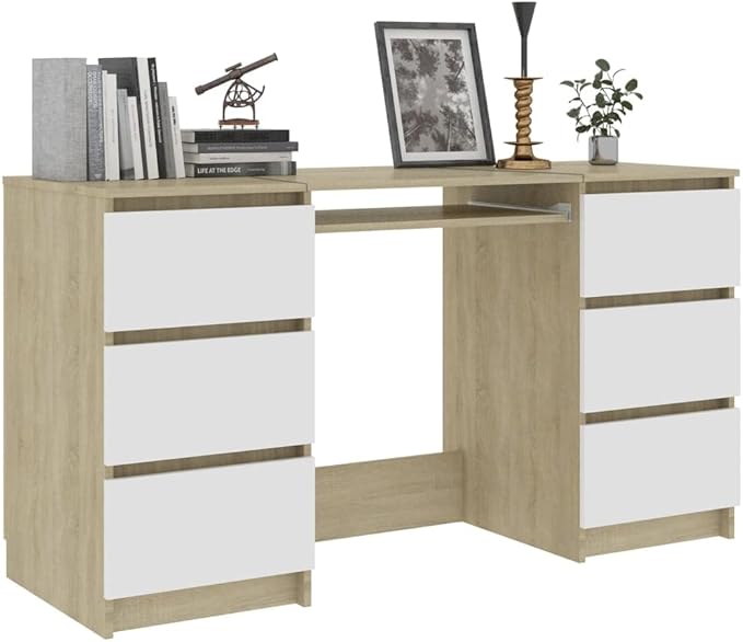 Modern Writing Computer Desk with 6 Drawers, Home Office Desk Writing Study Table PC Desk Workstation for Bedroom, White and Sonoma Oak 55.1"x19.7"x30.3" Engineered Wood(D)