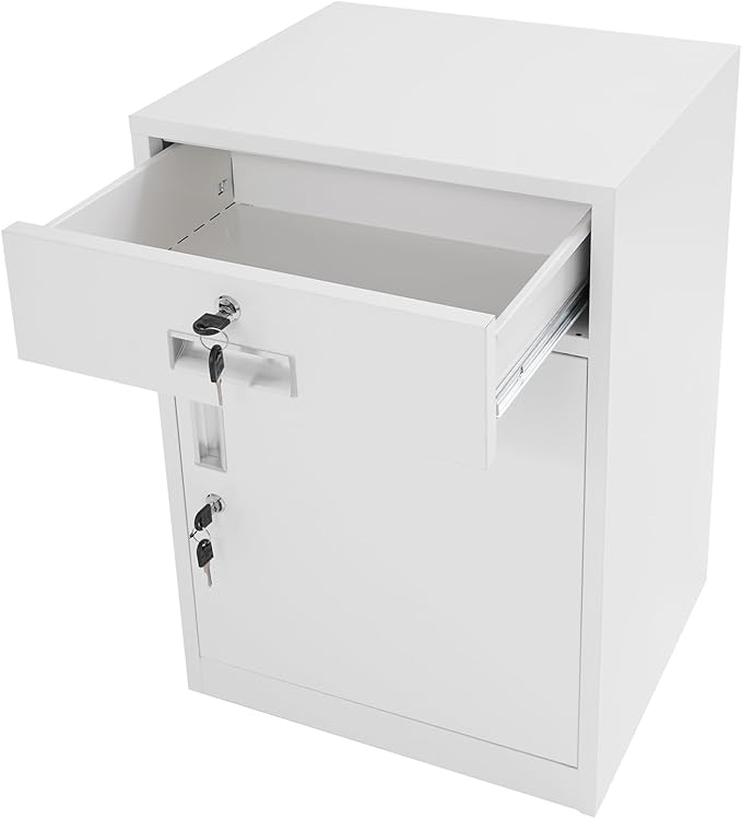 Metal Storage Cabinet with Lock, Under Desk Office Cabinet, Vertical File Cabinet, Printer Stand, Locking Filing Cabinet for Home Office, White