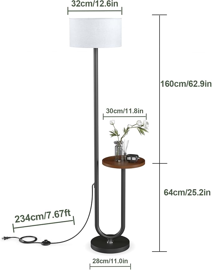 62.9" Floor Lamp with Table Brown, White Lampshade Vintage Standing Lamp with Tray Foot Switch, 3 Color Temperatures LED Bulb Included, for Living Room, Bedroom