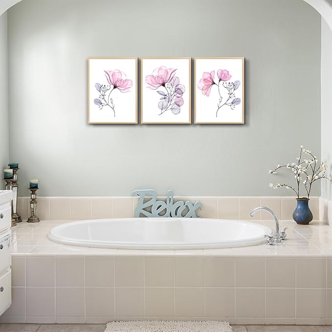 Framed Wall Art For Living Room Wall Decorations For Bedroom Room Wall Decor Pink Red Flowers Paintings Bathroom Wall Pictures Artwork Kitchen Home Decor Wall Mural 3 Piece Framed Art Prints
