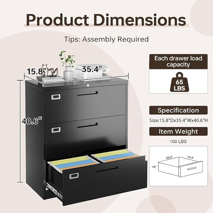 3 Drawer Lateral File Cabinet with Lock, Metal Filing Cabinets for Home Office, Wide Locking File Caninets, Black Office Storage Cabnet for Hanging Letter/Legal / A4 / F4 - Assembly Required