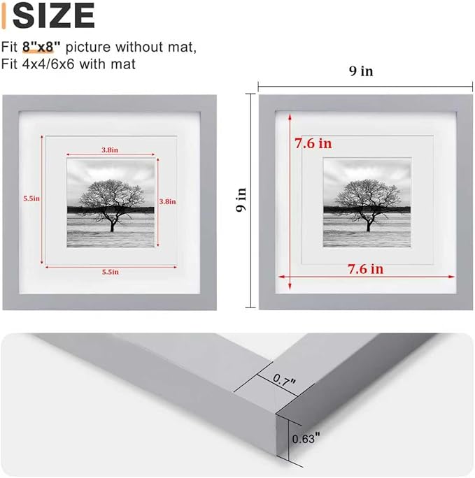 Egofine 8x8 Picture Frames 4 Pack, for Picture 4x4 with Mat or 8x8 whitout Mat Made of Solid Wood Covered by Plexiglass for Table Top Display and Wall Mounting Photo Frame, Light Gray