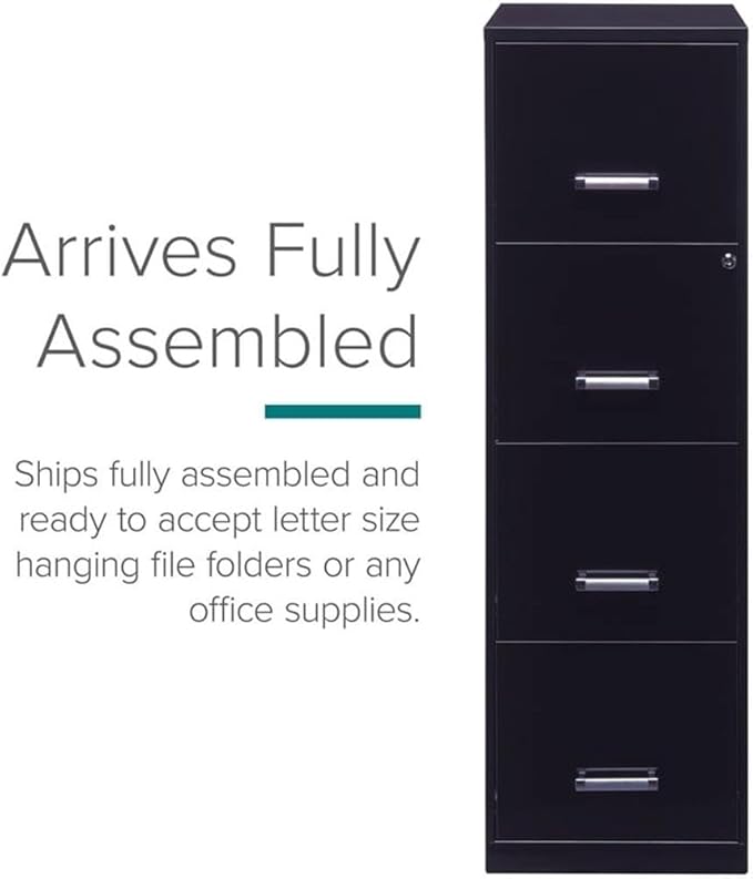 Scranton & Co 18" Deep 4 Drawer Metal Filing Cabinet, Black Finish, Pre-Assembled, Vertical File Cabinet for Letter-Size Documents, Cam Lock Security, Durable Steel Office Storage Solution