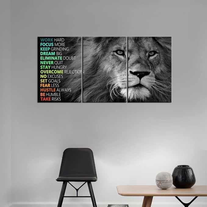 Motivational Lion Wall Art 3 Pieces Poster Inspirational Canvas Positive Wall Art Quotes Success Canvas Artwork Picture Print Framed for Home Office Living Room Gym Wall Decor [48''Wx 24''H]