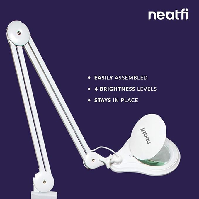 Neatfi LED Magnifying Lamp 1,200 Lumens with Clamp – 5” 5-Diopter Glass Lens, Dimmable Task Light | Adjustable Arm | Reading, Sewing & Crafting (White, 5 Diopter)
