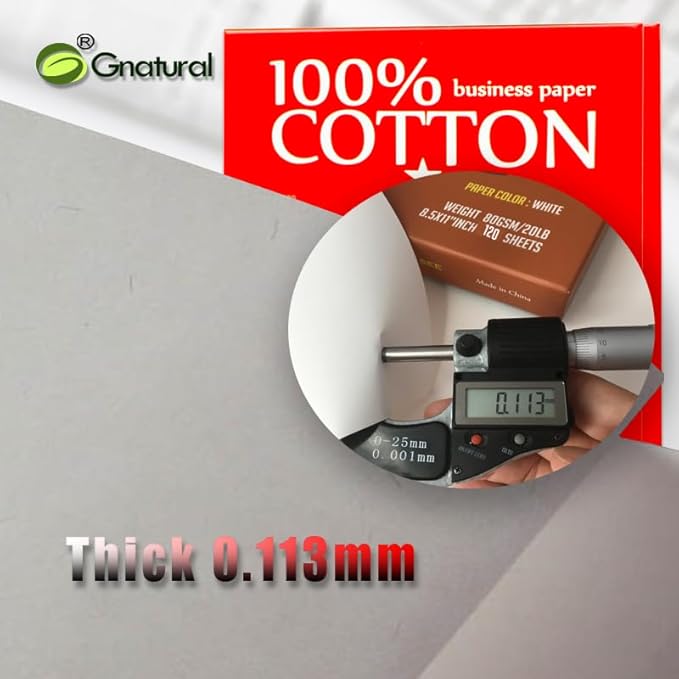 100% Cotton, Gnatural 8.5 x 11 Inch, 20lb/80GSM,with Red & Blue Fiber, Waterproof for Inkjet and Laser Printing Paper - 120 Sheets Starch Free