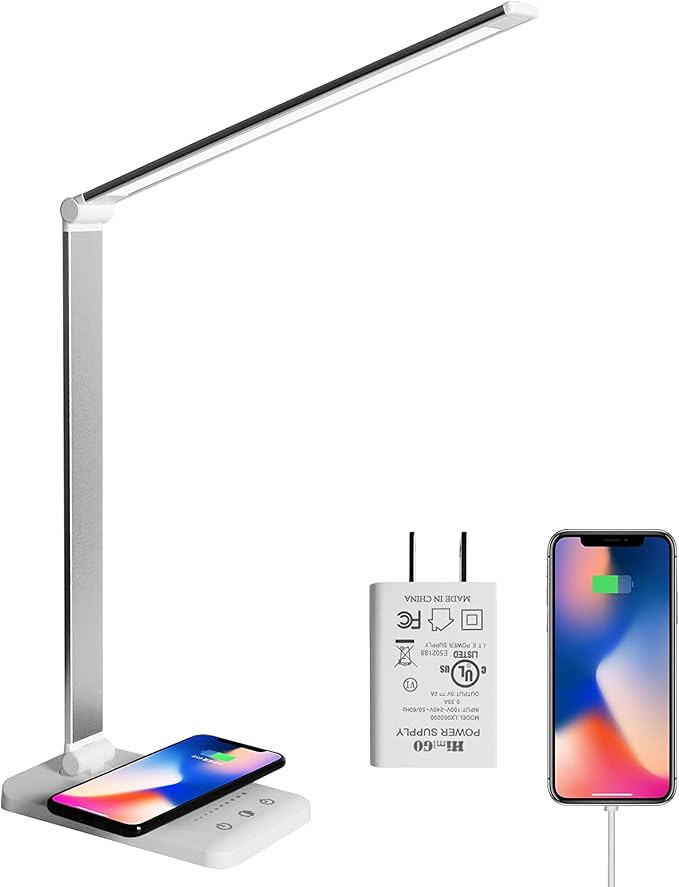 LED Desk Lamp with Wireless Charger,Eye-Caring Table Lamps,Stepless Dimmable Office Lamp with USB Charging Port,Touch/Memory/Timer Function,25 Brightness Lighting,Foldable Lamp