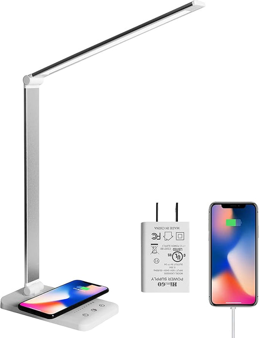 LED Desk Lamp with Wireless Charger,Eye-Caring Table Lamps,Stepless Dimmable Office Lamp with USB Charging Port,Touch/Memory/Timer Function,25 Brightness Lighting,Foldable Lamp