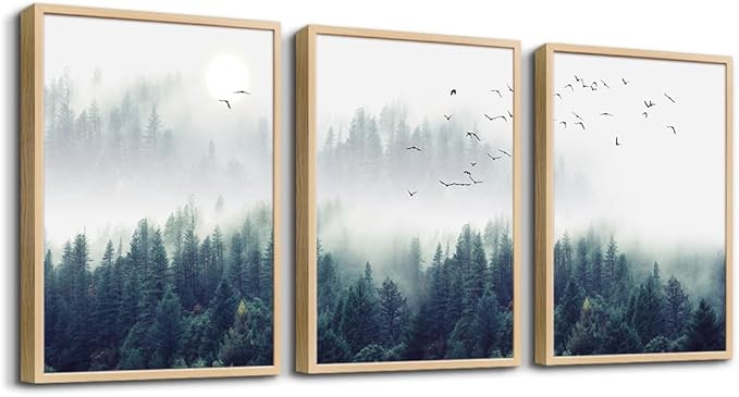 Natural Wood Framed Wall Art - Large Size Foggy Forest Trees Landscape Painting - 3 Piece Framed Art Prints For Living Room, Bedroom & Office