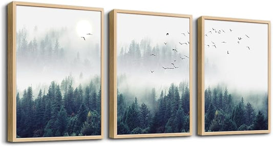 Natural Wood Framed Wall Art - Large Size Foggy Forest Trees Landscape Painting - 3 Piece Framed Art Prints For Living Room, Bedroom & Office
