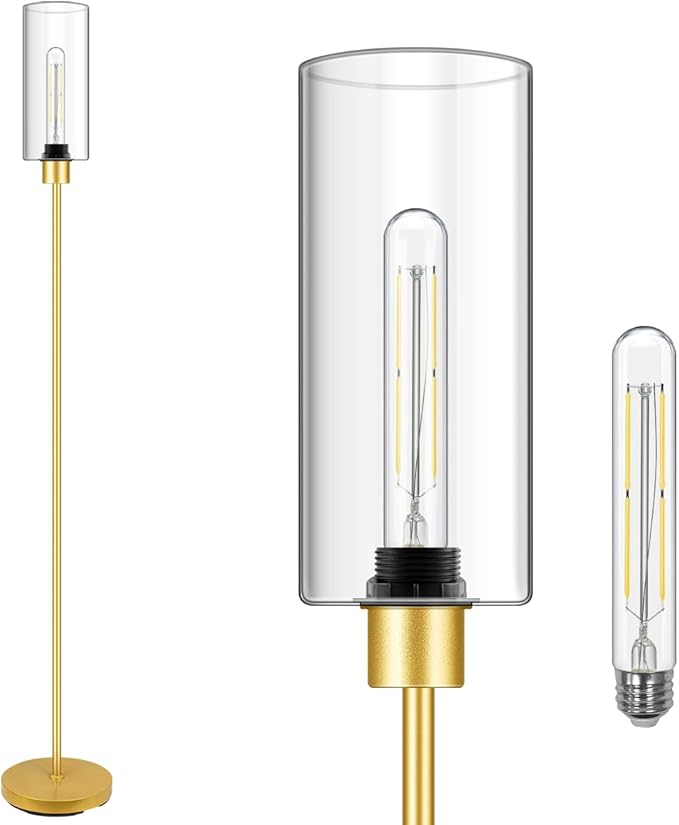 BoostArea Gold Modern Floor Lamp With Glass Lampshade - Simple Design Standing Lamp for Living Room, Bedroom, Office, Kids Room, Reading