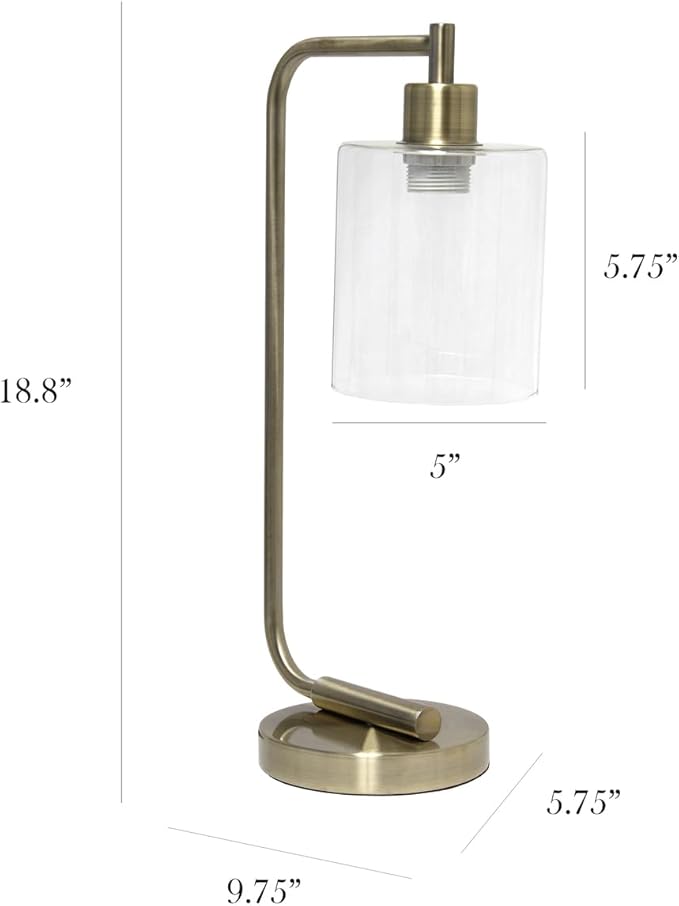 Simple Designs LD1036-ABS 18.8" Industrial Vintage Bronson Antique Style Industrial Iron Lantern Desk Table Lamp with Glass Cylinder Shade for Home Décor, Office, Living Room, Bedroom, Antique Brass