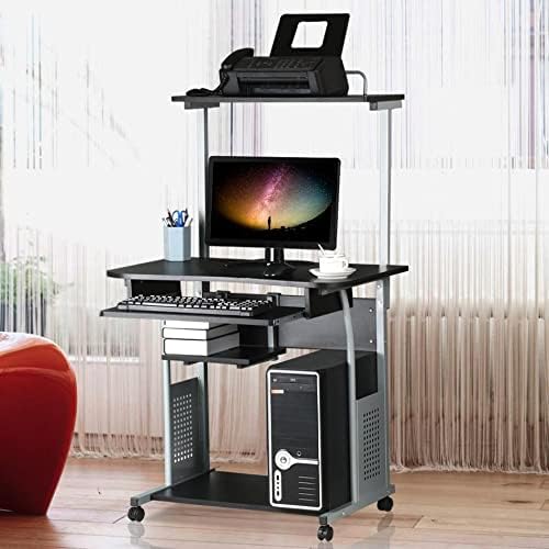 Topeakmart 3 Tier Computer Desk with Printer Shelf and Keyboard Tray, Home Office Desk Computer Workstation Rolling Study PC Laptop Table for Small Spaces Black