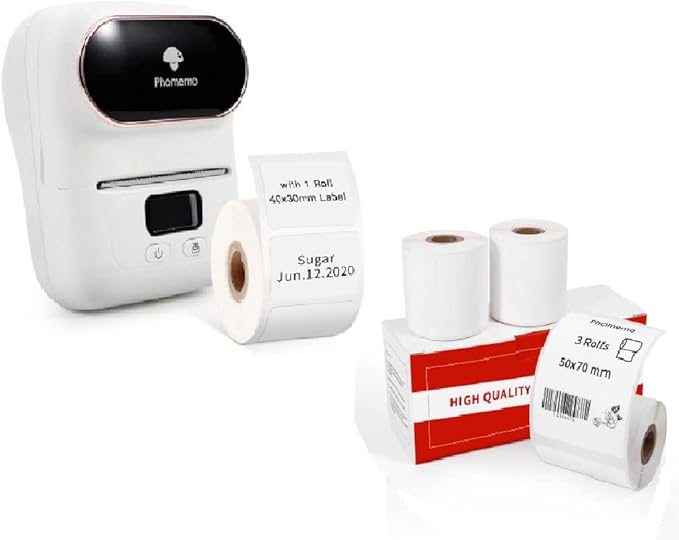 Phomemo M110 Label Maker with 3 Rolls 1.96’’ x 2.75’’ (50x70mm) Thermal Labels, Bluetooth Thermal Label Maker Printer Apply to Labeling, Office, Cable, Retail, Barcode, Compatible with Android & iOS