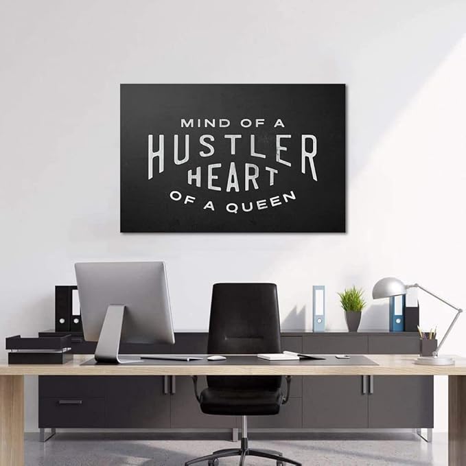 Mind Of A Hustler Heart Of A Queen - Inspirational Contemporary Entrepreneur Quotes Canvas Wall Art Black and White Motivational Framed Artwork HD Print Easy to Hang-44 Wx28 H