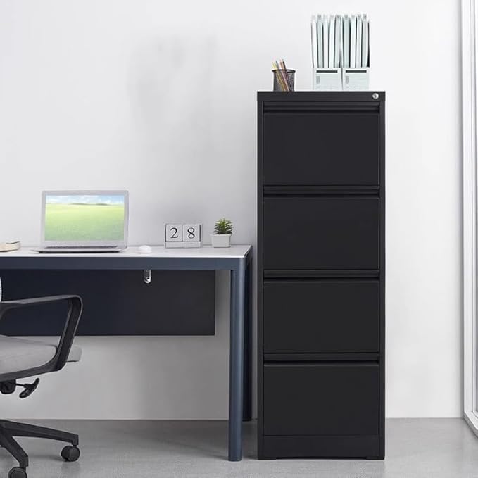 4 Drawer File Cabinet, Heavy Duty Vertical Filing Cabinets with Lock, Metal Steel Storage Cabinet for Office and Home, Assembly Required, Black