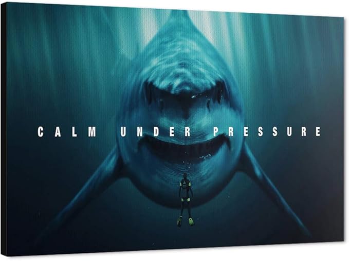Office Wall Art Calm Under Pressure Shark Life Motivational Photo Hanging Poster Canvas Print Oil Painting Artwork Gallery Wrap Inspirational Home Living Decor With Framed for hang -16''W x 12''H