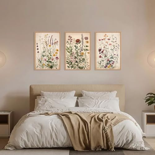 Vintage Wildflower Watercolor Framed Canvas Wall Art Set, Retro Flower Botanical Wall Decor, Colorful Floral Wall Painting, Flower Illustration Art Prints for Living Room, Bedroom 24"x36"x3